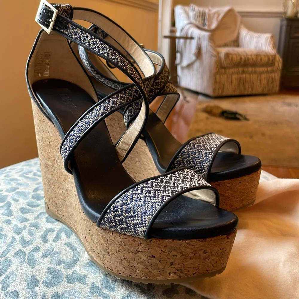 Jimmy Choo Portia Wedge Sandals Navy Cork Two-Tone Leather Size 38 EU Chic Style